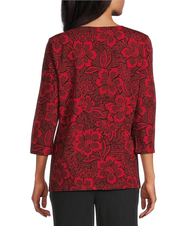 Allison Daley Tango Red Floral Print 3/4 Sleeve Split-V Neck Knit Top