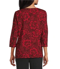 Allison Daley Tango Red Floral Print 3/4 Sleeve Split-V Neck Knit Top