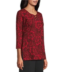 Allison Daley Tango Red Floral Print 3/4 Sleeve Split-V Neck Knit Top