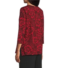 Allison Daley Tango Red Floral Print 3/4 Sleeve Split-V Neck Knit Top