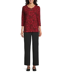 Allison Daley Tango Red Floral Print 3/4 Sleeve Split-V Neck Knit Top