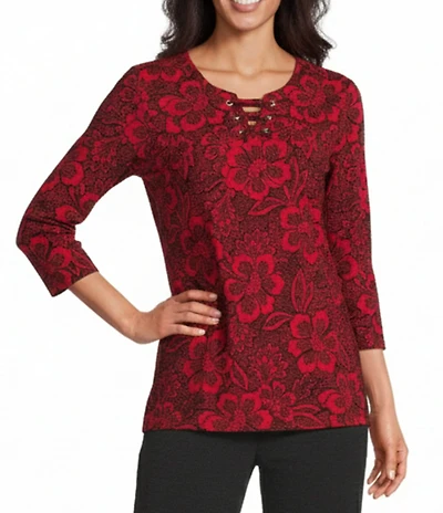 Allison Daley Tango Red Floral Print 3/4 Sleeve Split-V Neck Knit Top