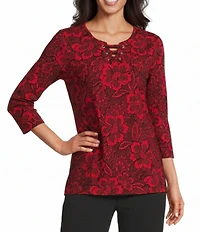Allison Daley Tango Red Floral Print 3/4 Sleeve Split-V Neck Knit Top
