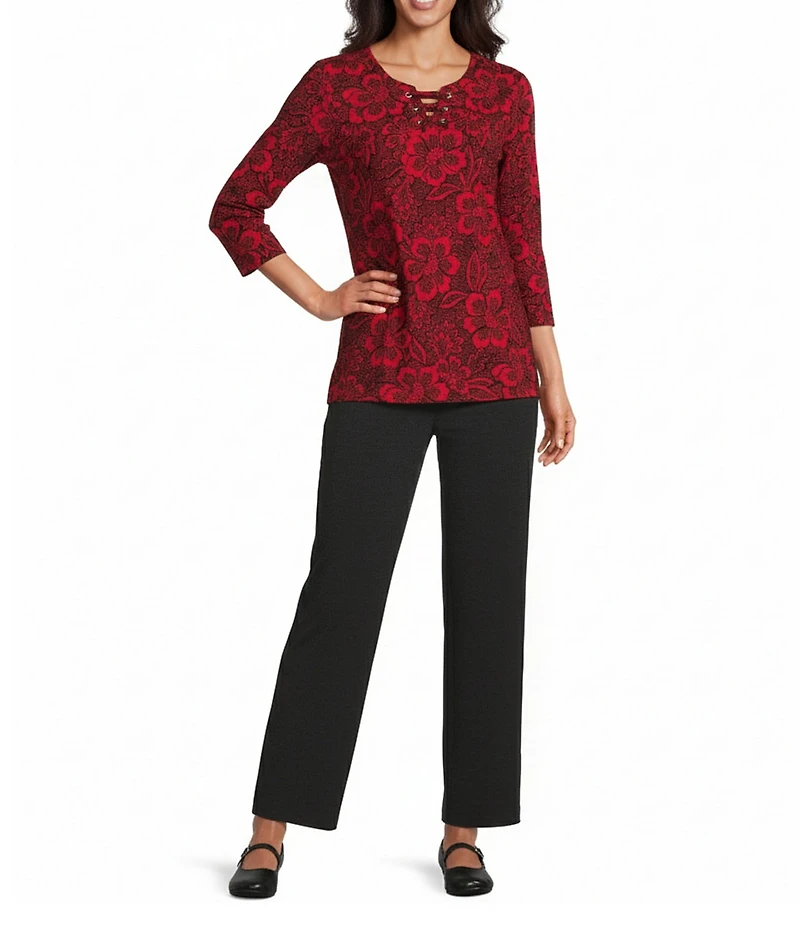 Allison Daley Tango Red Floral Print 3/4 Sleeve Split-V Neck Knit Top
