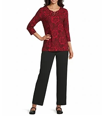 Allison Daley Tango Red Floral Print 3/4 Sleeve Split-V Neck Knit Top