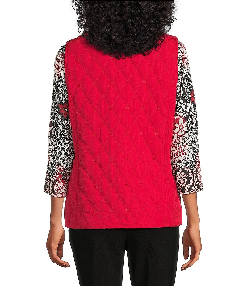 Allison Daley Tango Red Trapunto Quilted Sleeveless Two-Way Zip-Up Vest