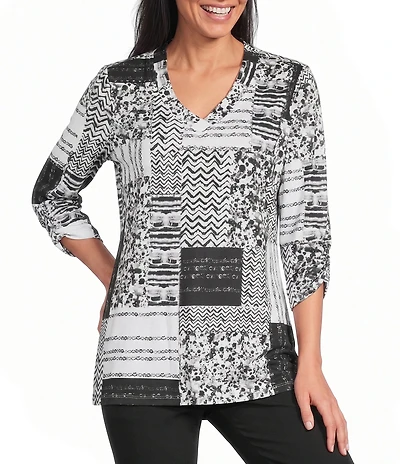 Allison Daley Texture Patchwork Print 3/4 Sleeve V-Neck Knit Top