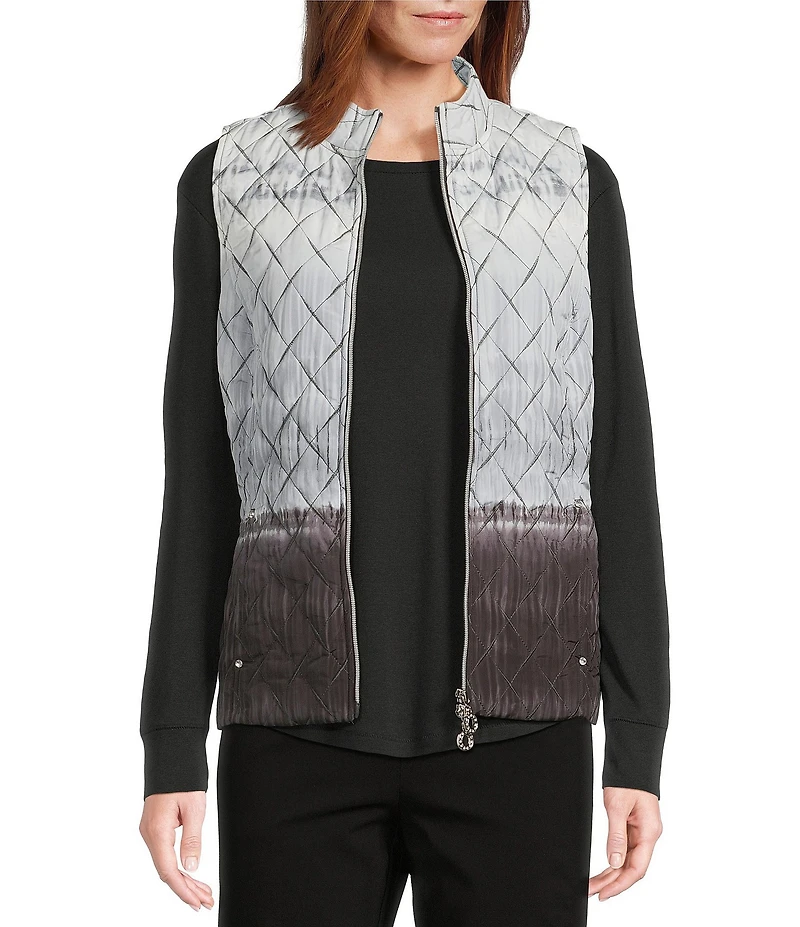Allison Daley Tie-Dye Ombre Quilted Sleeveless Zip-Up Diamond Quilted Vest