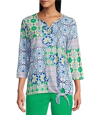 Allison Daley Tile Block Print 3/4 Sleeve Split V-Neck Tie Hem Knit Top