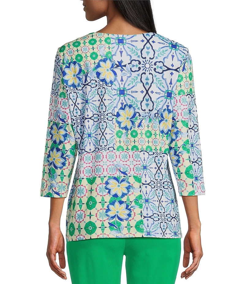 Allison Daley Tile Block Print 3/4 Sleeve Split V-Neck Tie Hem Knit Top