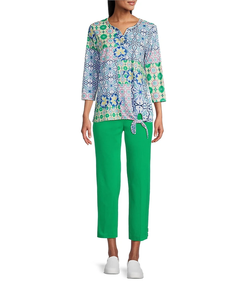 Allison Daley Tile Block Print 3/4 Sleeve Split V-Neck Tie Hem Knit Top