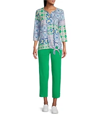 Allison Daley Tile Block Print 3/4 Sleeve Split V-Neck Tie Hem Knit Top