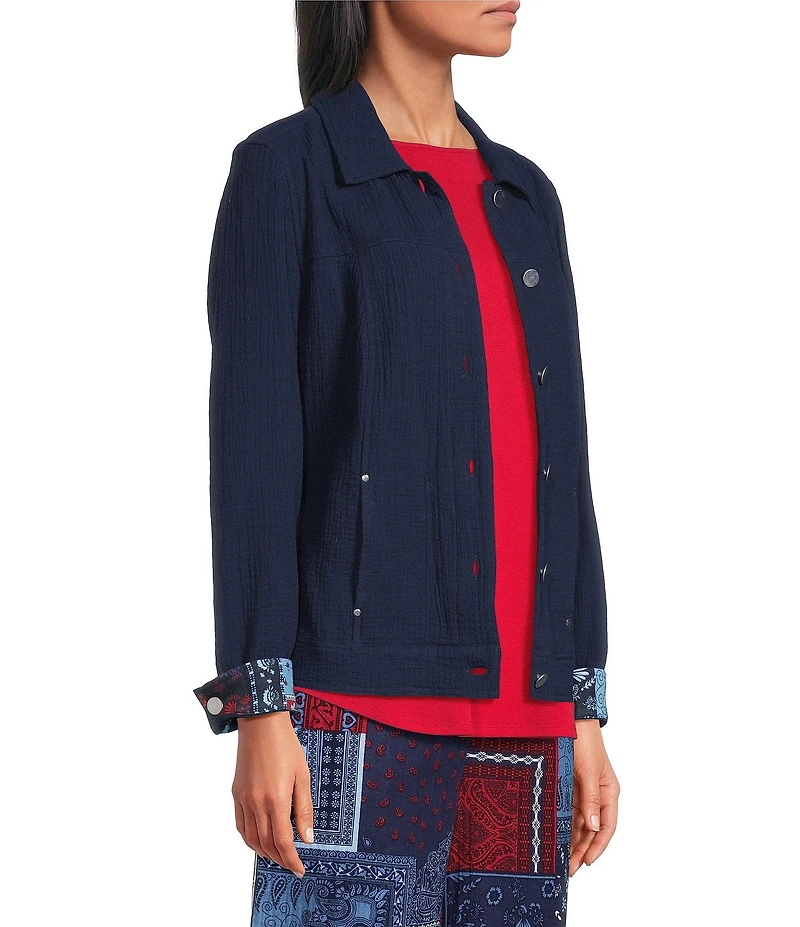 Allison Daley True Navy Bandana Long Sleeve Button Front Soft Jacket