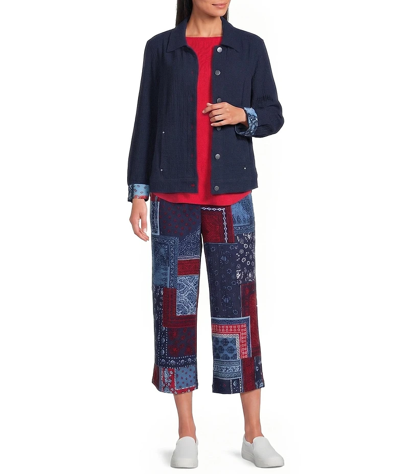 Allison Daley True Navy Bandana Long Sleeve Button Front Soft Jacket