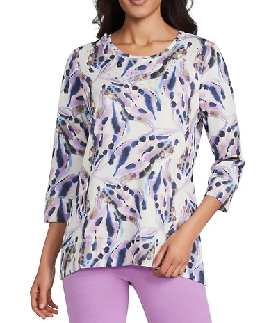 Allison Daley Violet Multi Floral Spots Print Embellished 3/4 Sleeve Crew Neck Scuba Knit Top