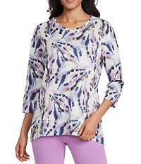 Allison Daley Violet Multi Floral Spots Print Embellished 3/4 Sleeve Crew Neck Scuba Knit Top