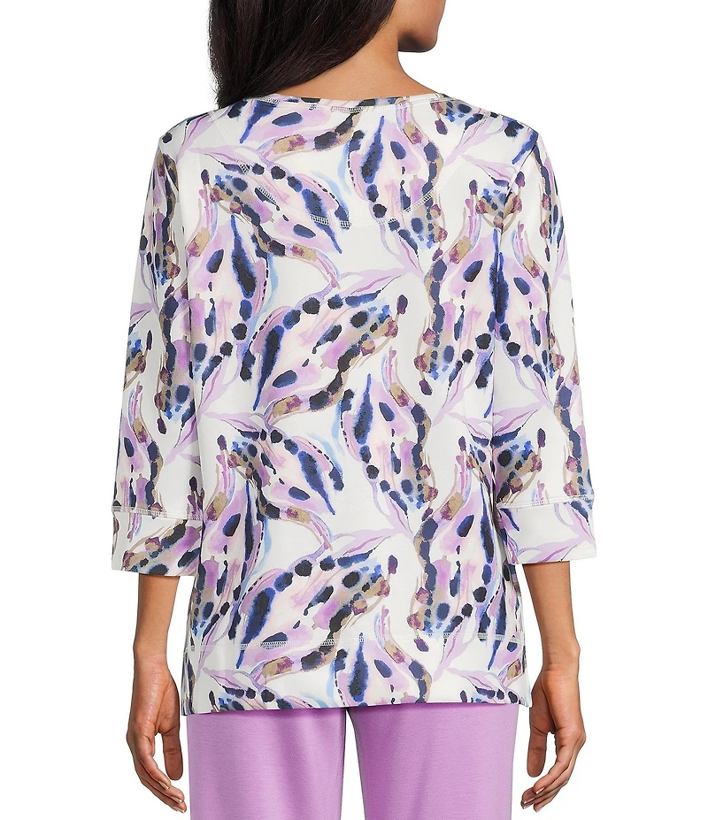 Allison Daley Violet Multi Floral Spots Print Embellished 3/4 Sleeve Crew Neck Scuba Knit Top
