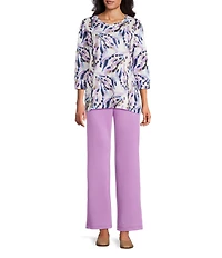 Allison Daley Violet Multi Floral Spots Print Embellished 3/4 Sleeve Crew Neck Scuba Knit Top