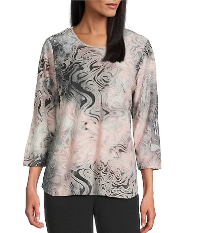 Allison Daley Wavy Jod Tie-Dye 3/4 Sleeve Crew Neck Knit Top