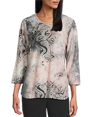 Allison Daley Wavy Jod Tie-Dye 3/4 Sleeve Crew Neck Knit Top