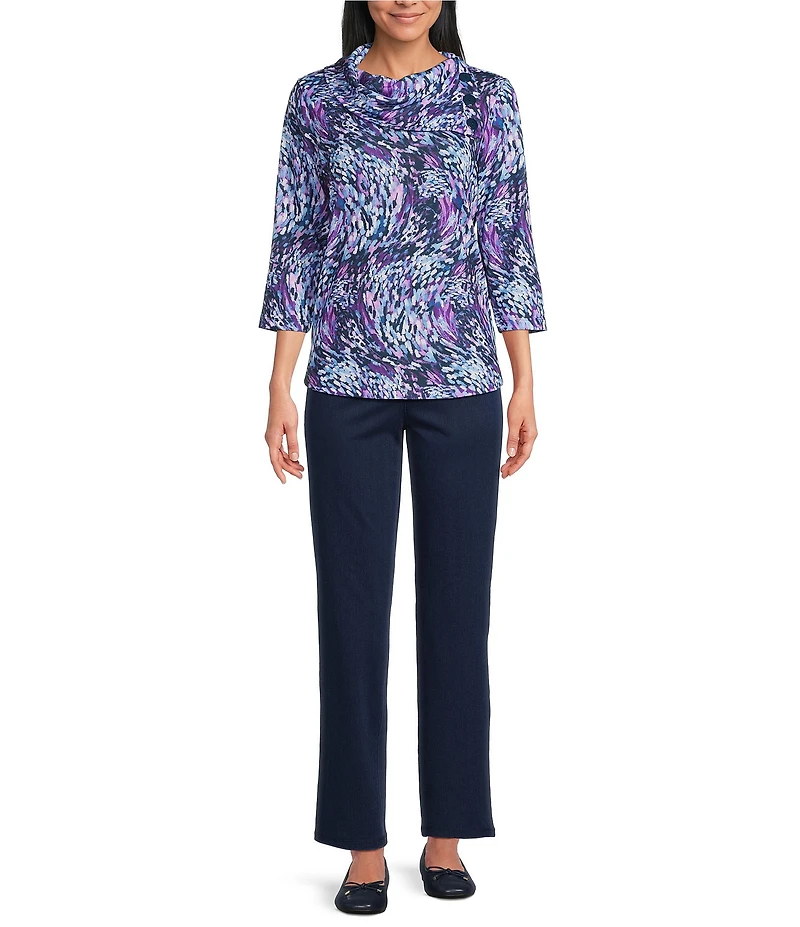 Allison Daley Wavy Rain 3/4 Sleeve Split Cowl Neck Top