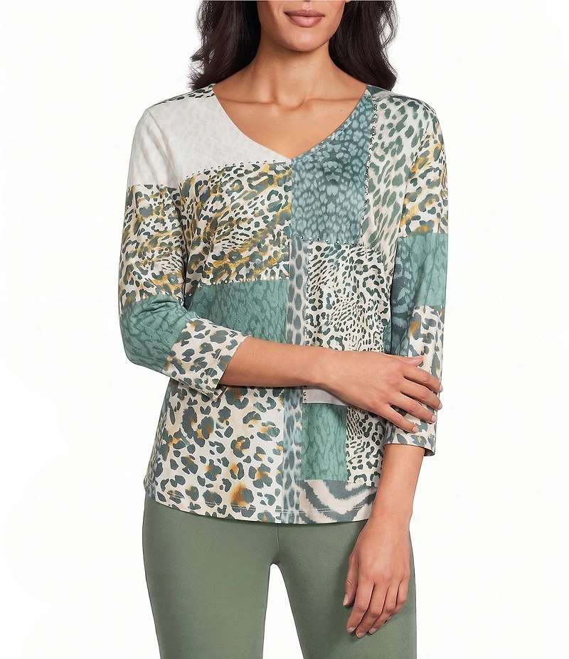 Allison Daley Wildlife Patchwork 3/4 Sleeve V-Neck Knit Top