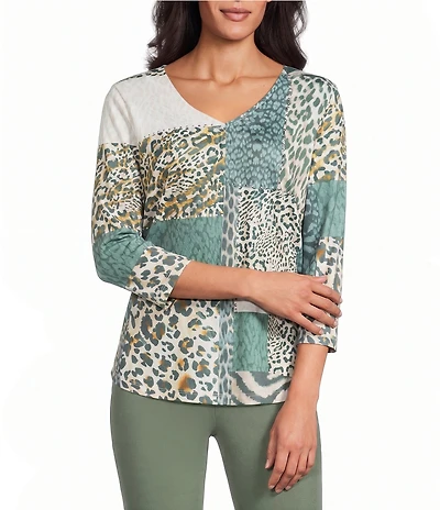 Allison Daley Wildlife Patchwork 3/4 Sleeve V-Neck Knit Top