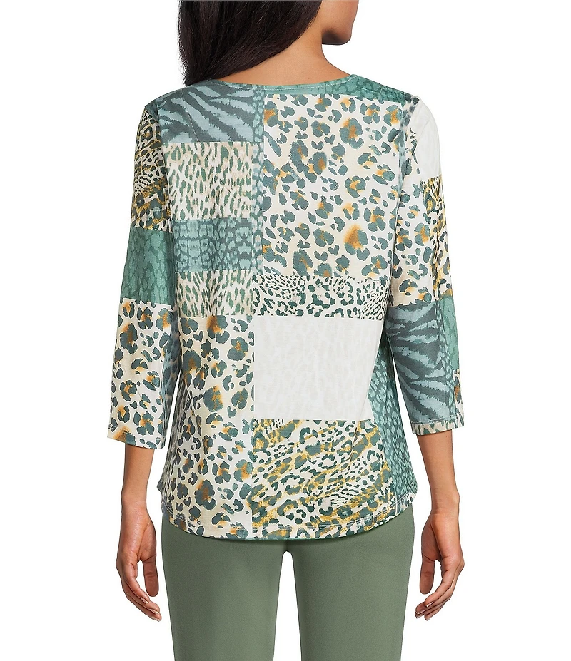 Allison Daley Wildlife Patchwork 3/4 Sleeve V-Neck Knit Top