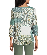 Allison Daley Wildlife Patchwork 3/4 Sleeve V-Neck Knit Top