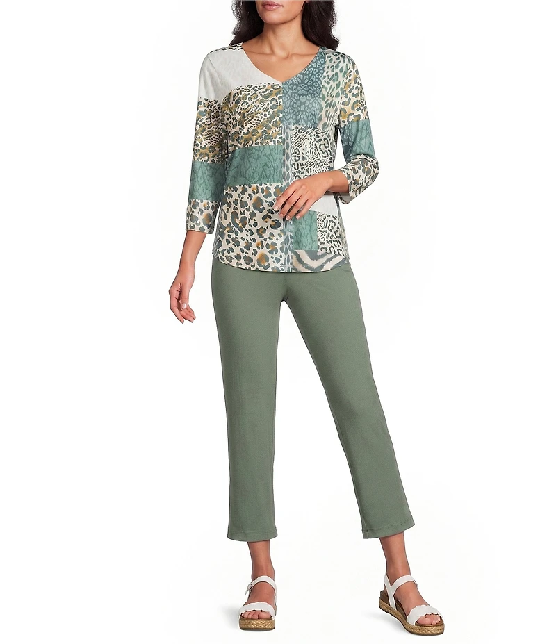 Allison Daley Wildlife Patchwork 3/4 Sleeve V-Neck Knit Top