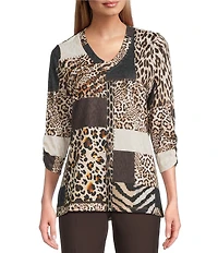 Allison Daley Wildlife Patchwork Print 3/4 Sleeve V-Neck Knit Top