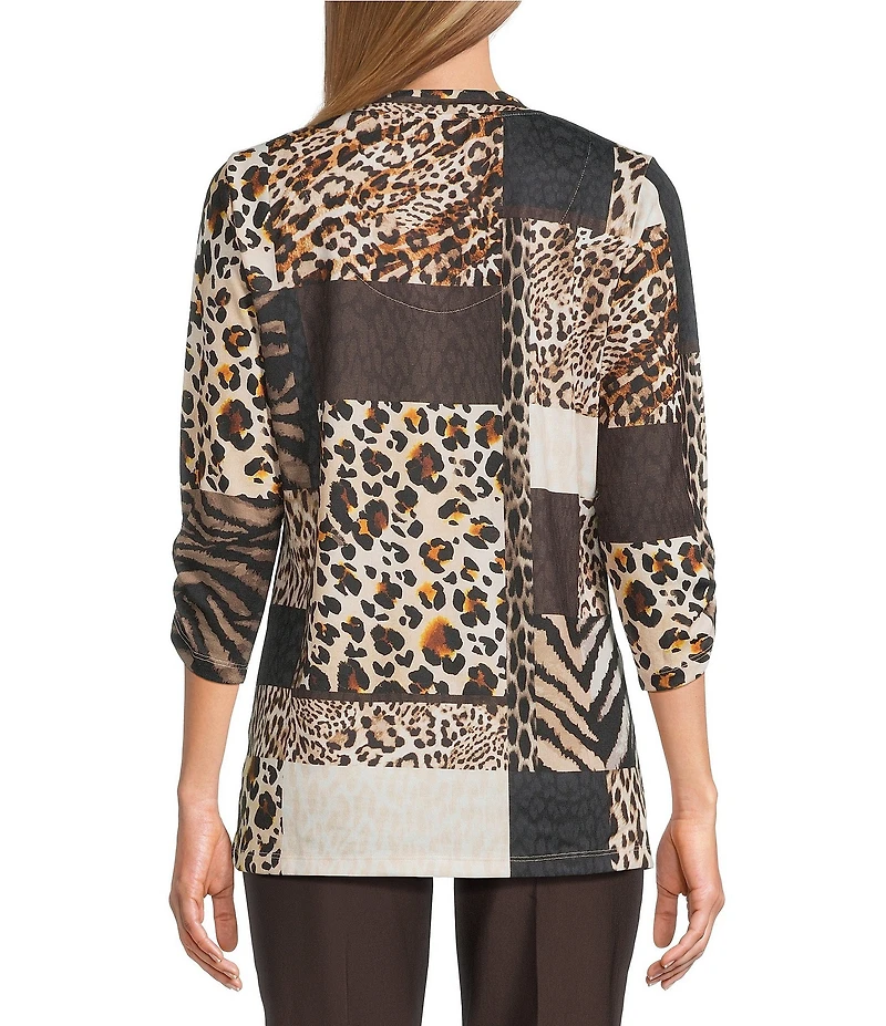 Allison Daley Wildlife Patchwork Print 3/4 Sleeve V-Neck Knit Top