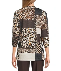 Allison Daley Wildlife Patchwork Print 3/4 Sleeve V-Neck Knit Top