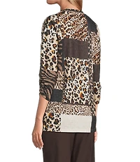 Allison Daley Wildlife Patchwork Print 3/4 Sleeve V-Neck Knit Top