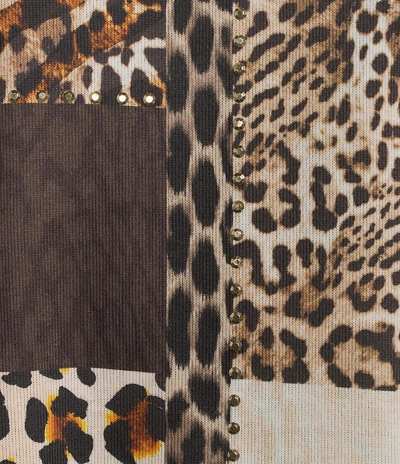 Allison Daley Wildlife Patchwork Print 3/4 Sleeve V-Neck Knit Top