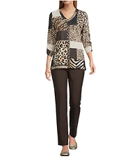 Allison Daley Wildlife Patchwork Print 3/4 Sleeve V-Neck Knit Top