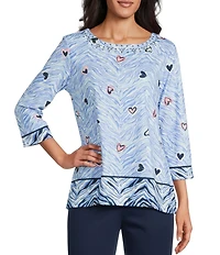 Allison Daley Zebra Hearts Print 3/4 Sleeve Crew Neck Knit Top
