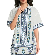 Amalfi Linen Cotton Blend Collared Button Front Hand Painted Blouse