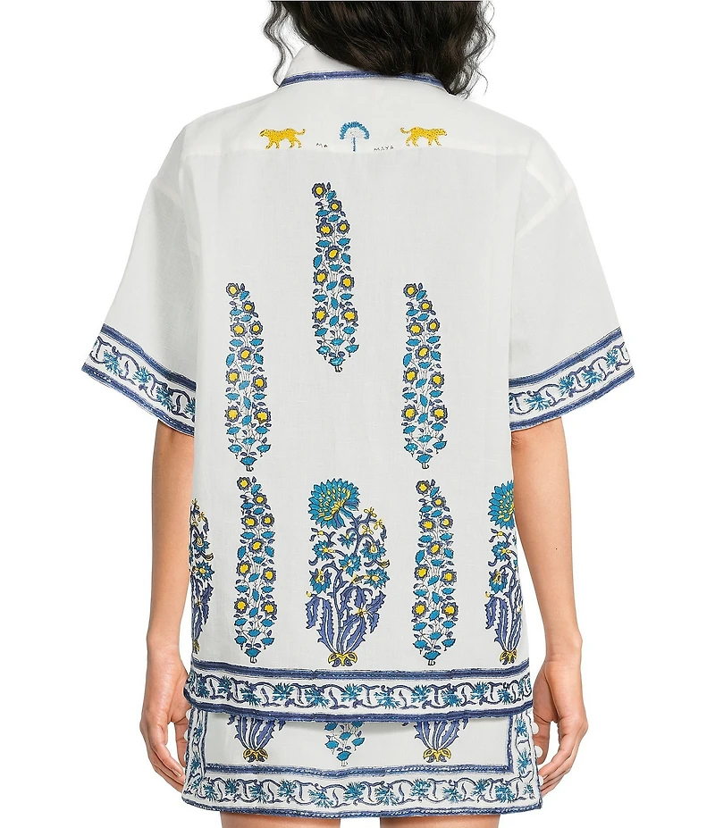 Amalfi Linen Cotton Blend Collared Button Front Hand Painted Blouse