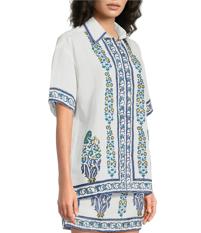 Amalfi Linen Cotton Blend Collared Button Front Hand Painted Blouse