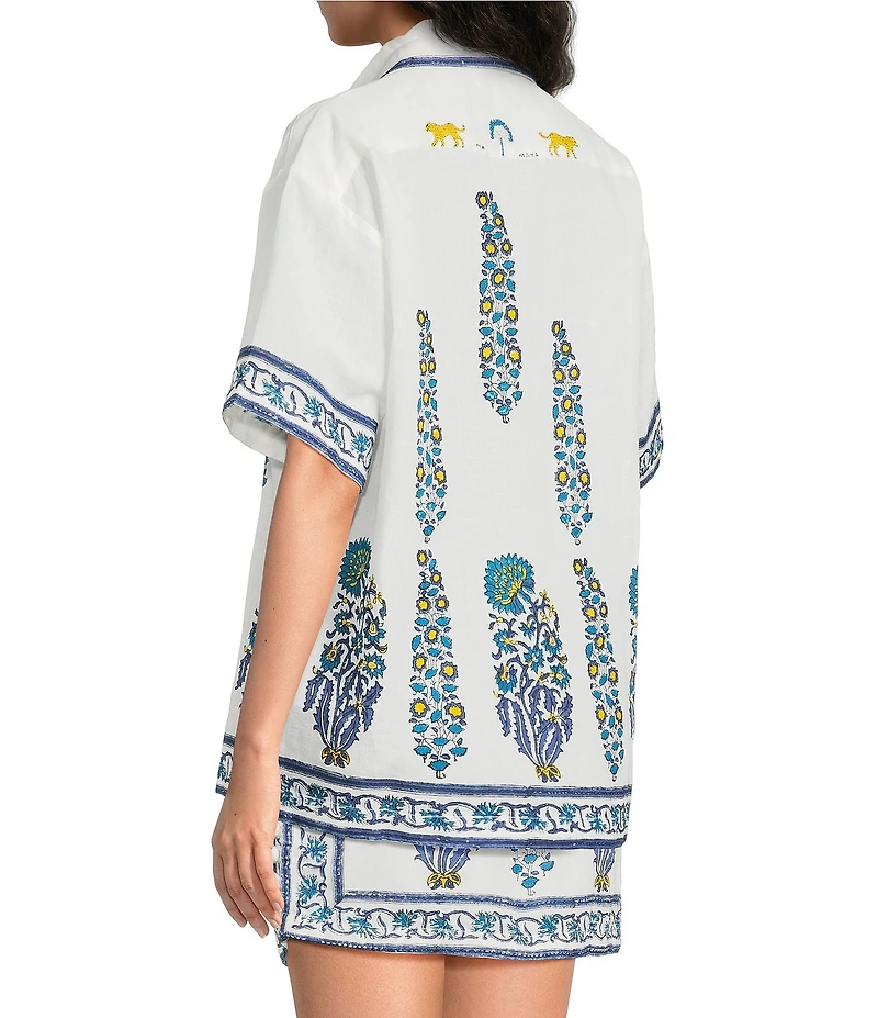 Amalfi Linen Cotton Blend Collared Button Front Hand Painted Blouse