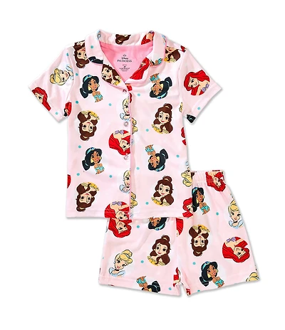 AME Disney Princess Little Girls Short Sleeve Notch Collar Printed Summer Princess Top & Pajama Shorts 2-Piece Set