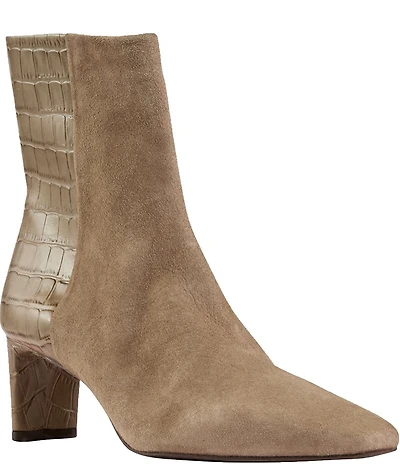 Andre Assous Amerie Suede Croco Embossed Accent Snip Toe Dress Booties