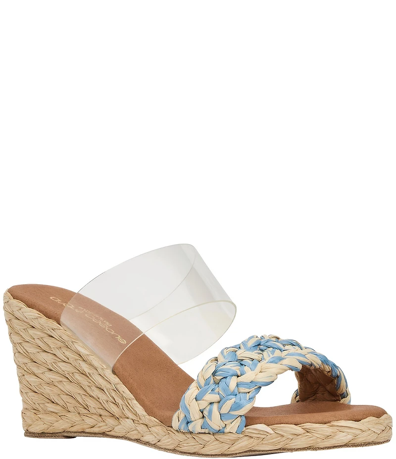 Andre Assous Anfisa Clear Vinyl Stretch Raffia Espadrille Slide Wedge Sandals