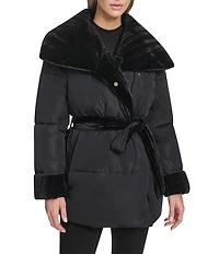 Andrew Marc Sport Emerson Water Resistnat Oversized Collar Mixed Media Belted Wrap Coat