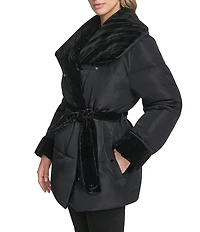 Andrew Marc Sport Emerson Water Resistnat Oversized Collar Mixed Media Belted Wrap Coat
