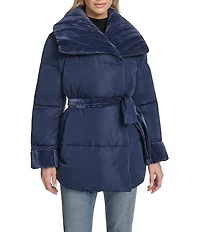 Andrew Marc Sport Emerson Water Resistnat Oversized Collar Mixed Media Belted Wrap Coat