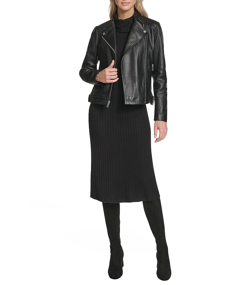 Andrew Marc Sport Frankie Moto Notch Collar Zip Front Leather Jacket