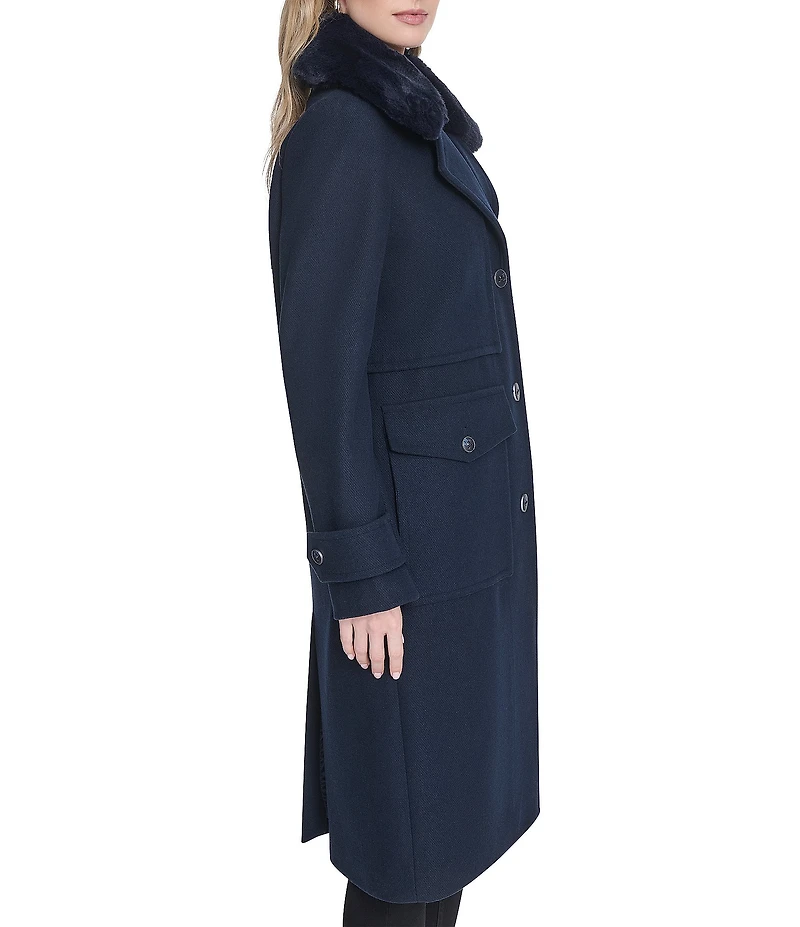 Andrew Marc Sport Olpae Military Inspired Removable Faux Fur Collar Wool Blend Trench Coat