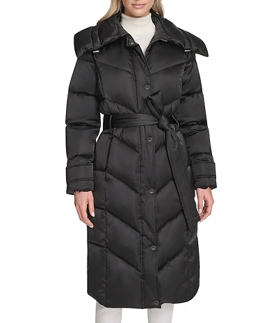 Andrew Marc Sport Palmer High Shine Satin Mix Pattern Oversize Collar Belted Water Resistant Puffer Coat